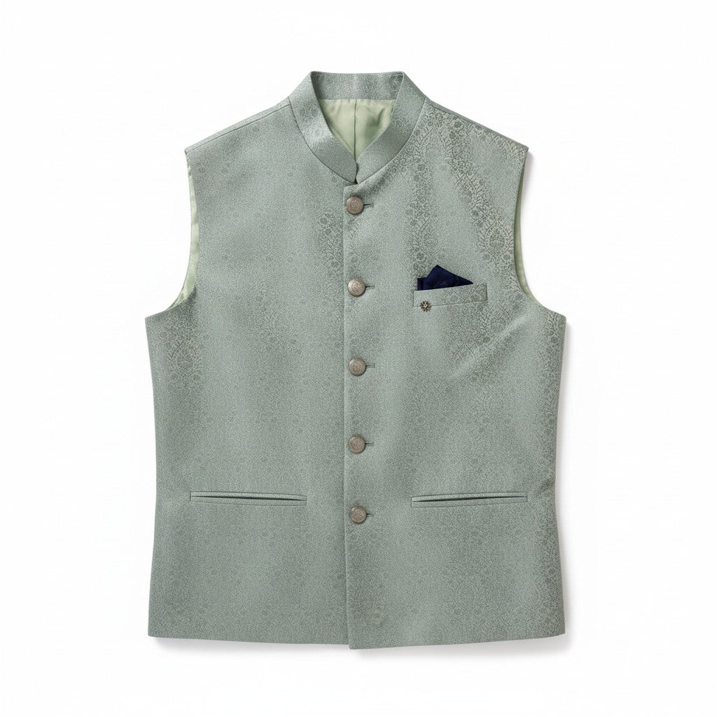 Men’s Mint Blue Jacquard Nehru Jacket – Elegant Festive & Wedding Wear