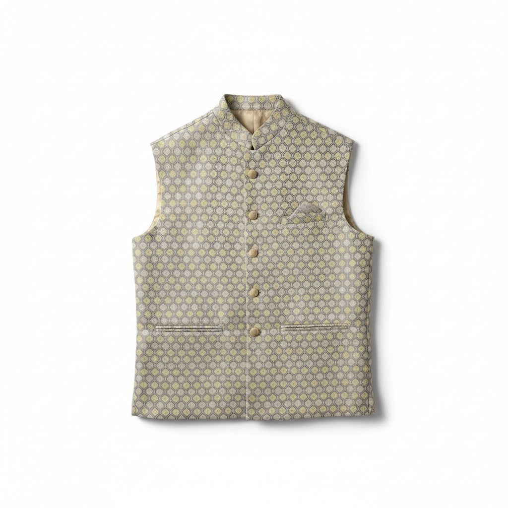Men’s Beige Textured Jacquard Nehru Jacket – Elegant Festive & Wedding Wear