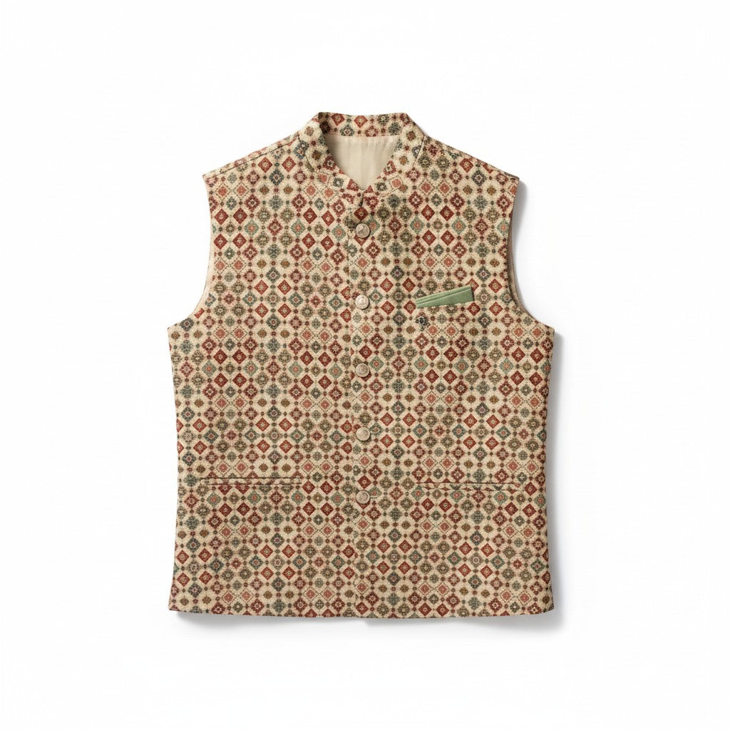 Men’s Beige & Maroon Mosaic-Pattern Nehru Jacket – Festive & Wedding Wear