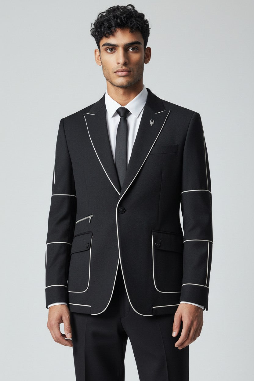 Men’s Black Contrast Piping Suit – Modern Designer Formal Wear