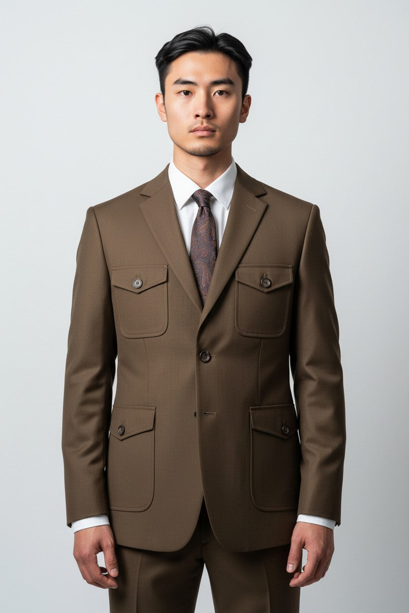 Men’s Brown Safari Utility Suit – Modern 2-Piece with Flap Pockets