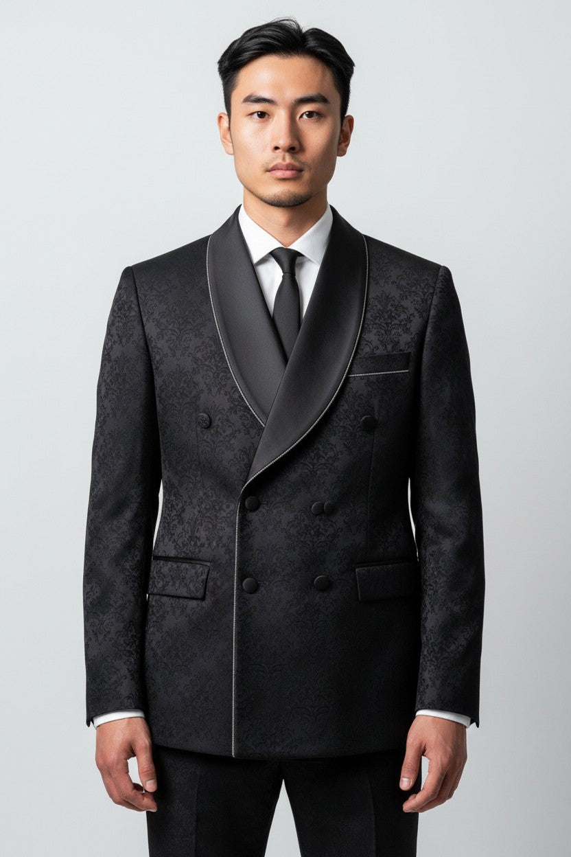 Men’s Black Jacquard Double-Breasted Tuxedo – Luxury Formalwear