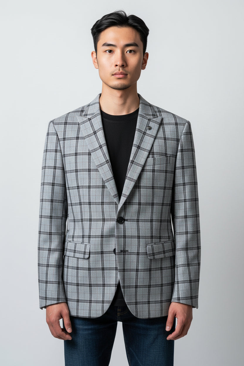 Men’s Light Grey Plaid Check Blazer – Modern Tailored Smart Casual