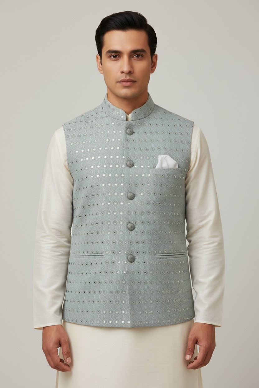 Men’s Sea Green Mirror Work Nehru Jacket – Elegant Wedding & Festive Wear