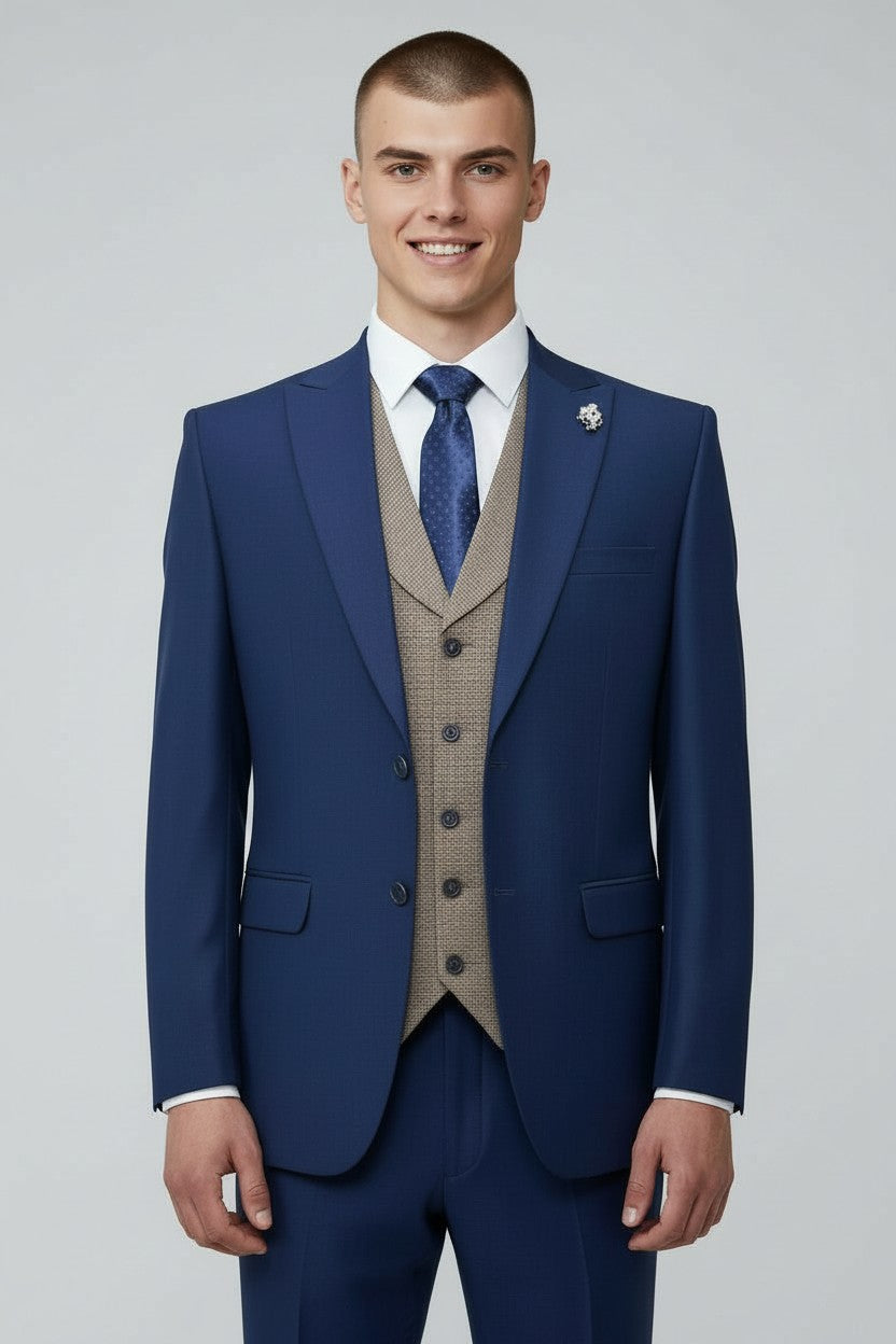 Men’s Royal Blue 3-Piece Suit with Beige Waistcoat – Modern Formal Wear