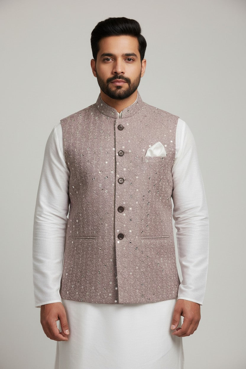 Men’s Dusty Rose Mirror-Embroidered Nehru Jacket – Luxe Wedding Wear