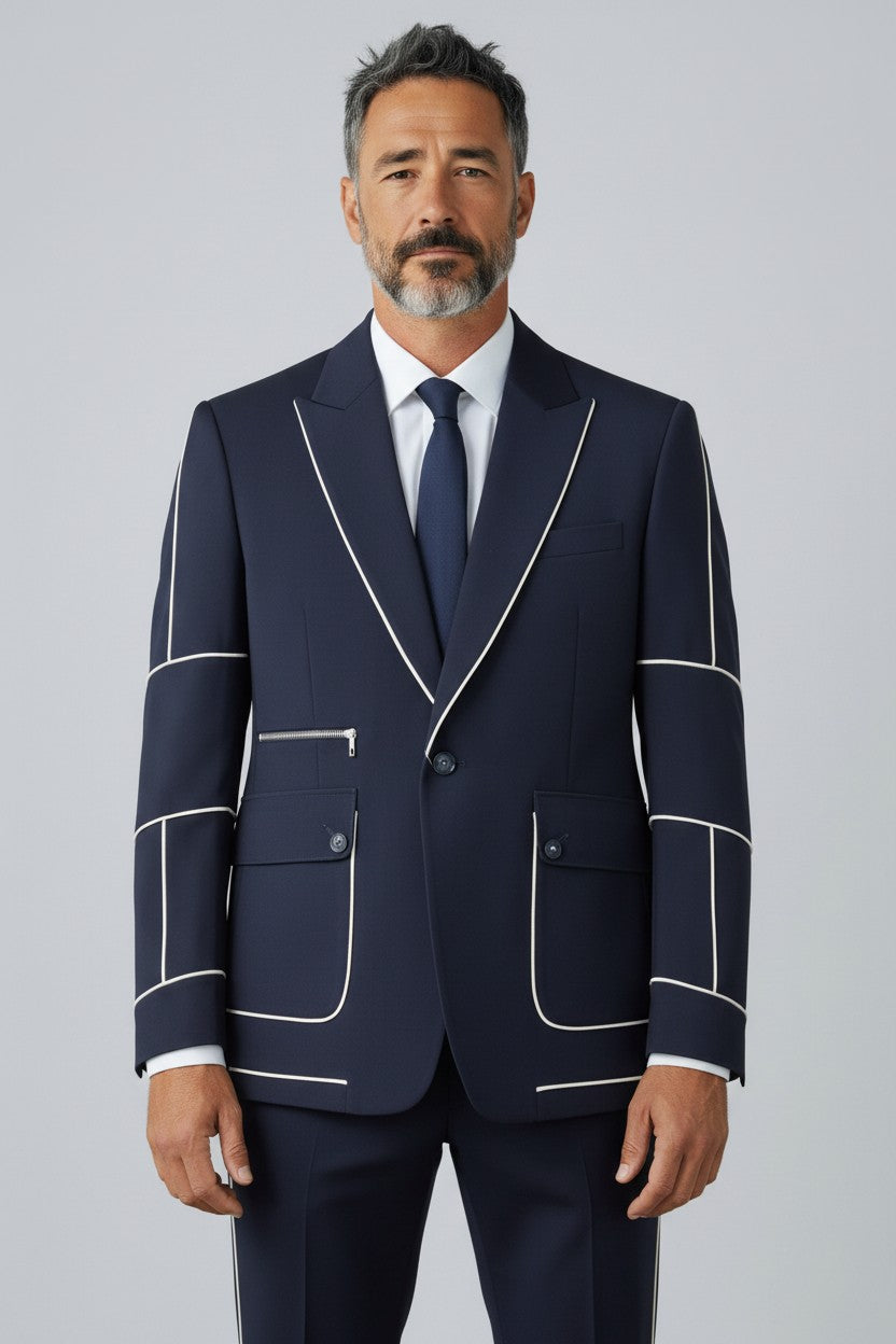 Men’s Navy Contrast Piping Suit – Modern Designer Formal Wear