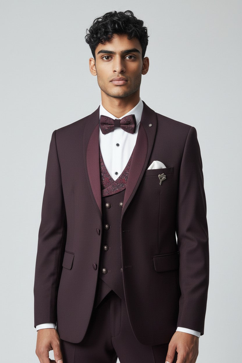 Men’s Maroon Embroidered 5-Piece Tuxedo Set – Luxury Wedding & Reception Suit