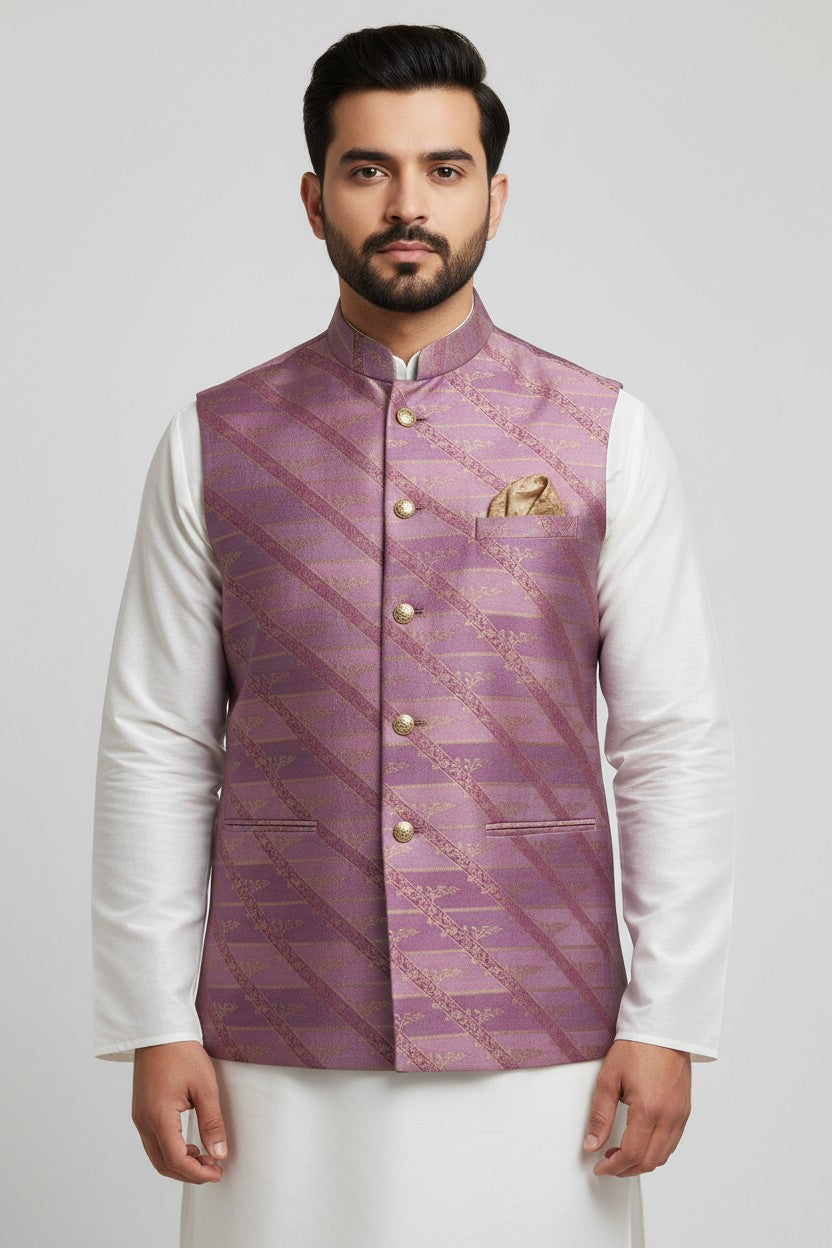 Men’s Mauve Gold Diagonal Brocade Nehru Jacket – Luxe Festive & Wedding Wear
