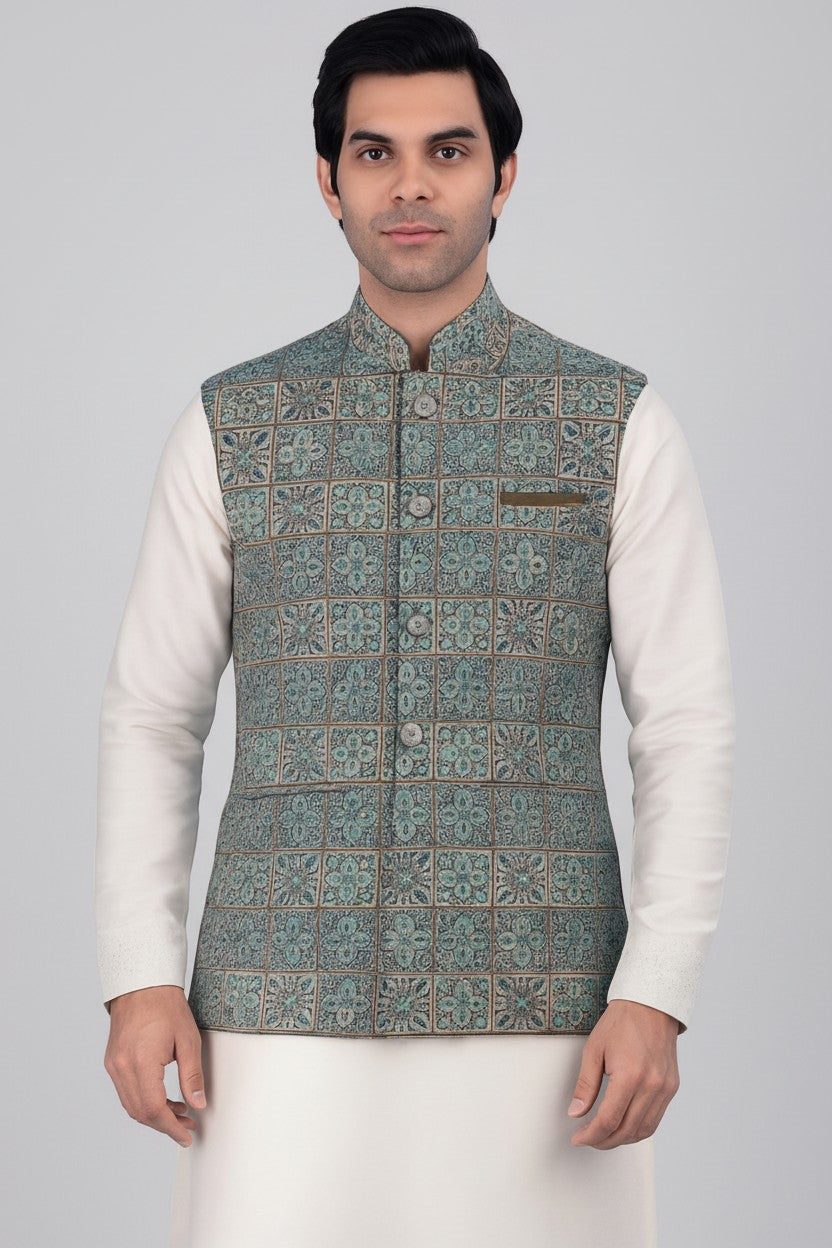 Men’s Teal Mosaic Embroidered Nehru Jacket – Designer Festive & Wedding Wear
