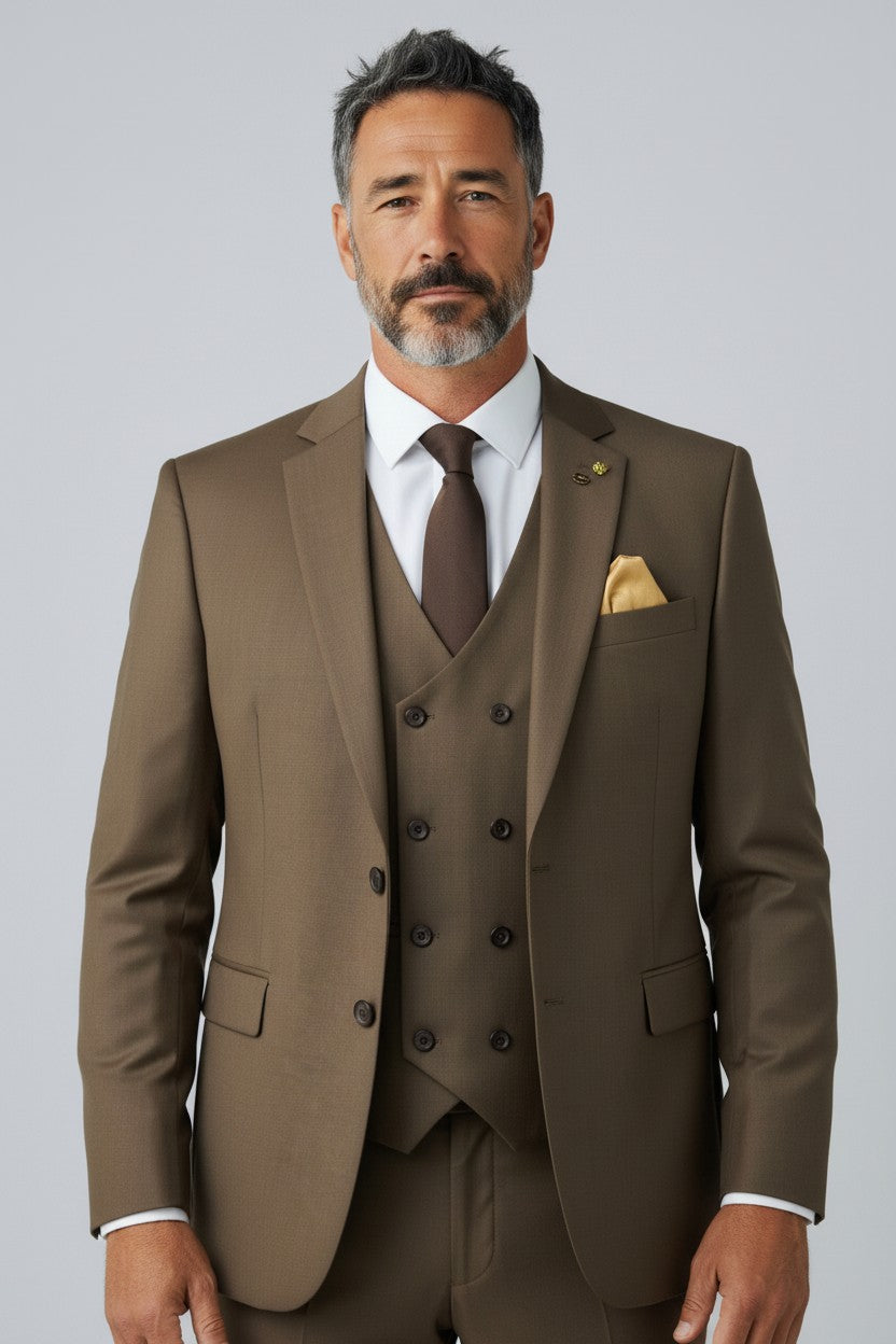 Men’s Brown Tailored 3-Piece Suit – Single-Breasted Blazer & Double-Breasted Vest