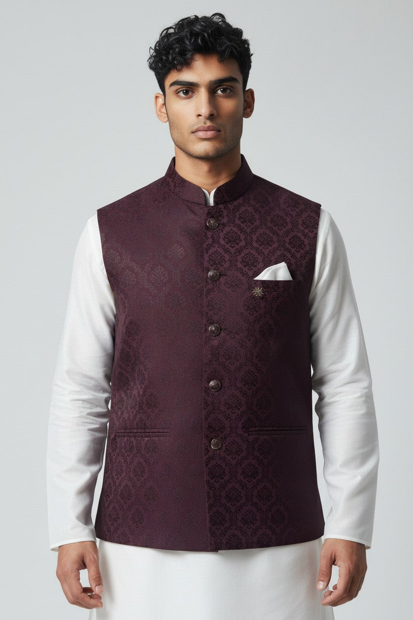Men’s Deep Purple Jacquard Nehru Jacket – Royal Festive Waistcoat