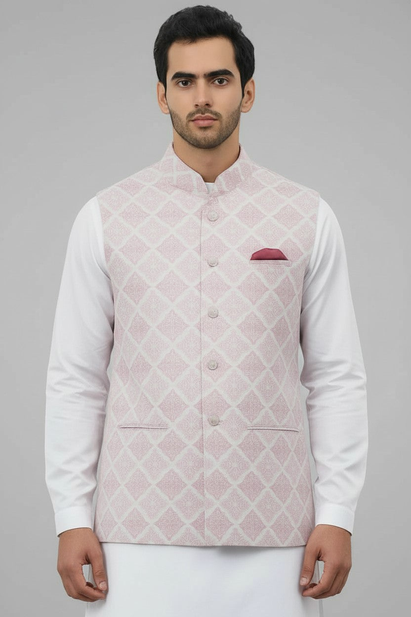 Men’s Pastel Pink Geometric Printed Nehru Jacket – Wedding & Festive Wear