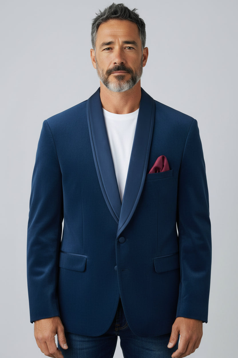 Men’s Navy Shawl Lapel Blazer – Elegant Tailored Evening Jacket