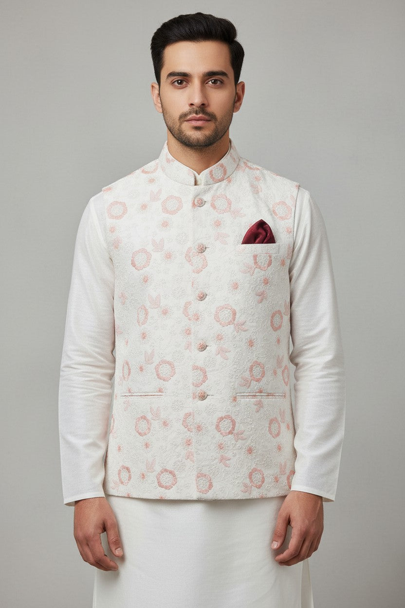 Men’s Ivory Pink Floral Embroidered Nehru Jacket – Soft Pastel Waistcoat