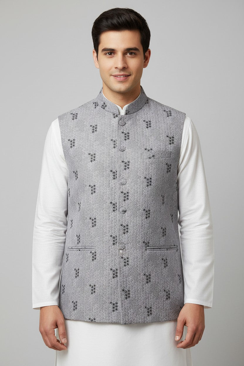Men’s Light Lavender Textured Embroidered Nehru Jacket – Elegant Festive Wear