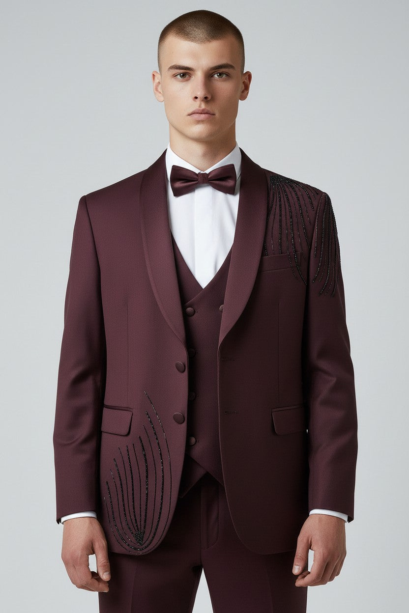 Men’s Maroon Embroidered Tuxedo – Luxury 3-Piece Designer Suit