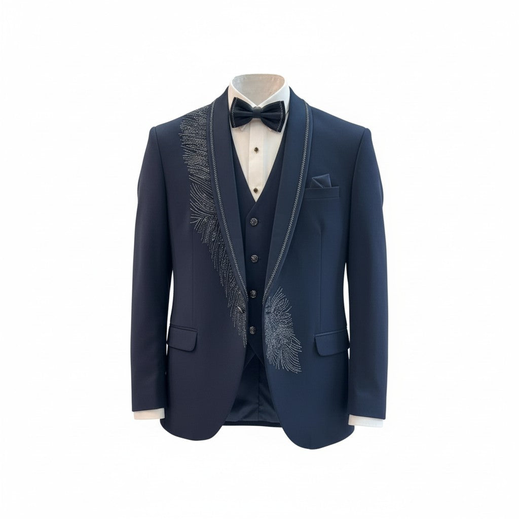 Navy Blue Luxury Peacock Embroidered 3-Piece Tuxedo Set