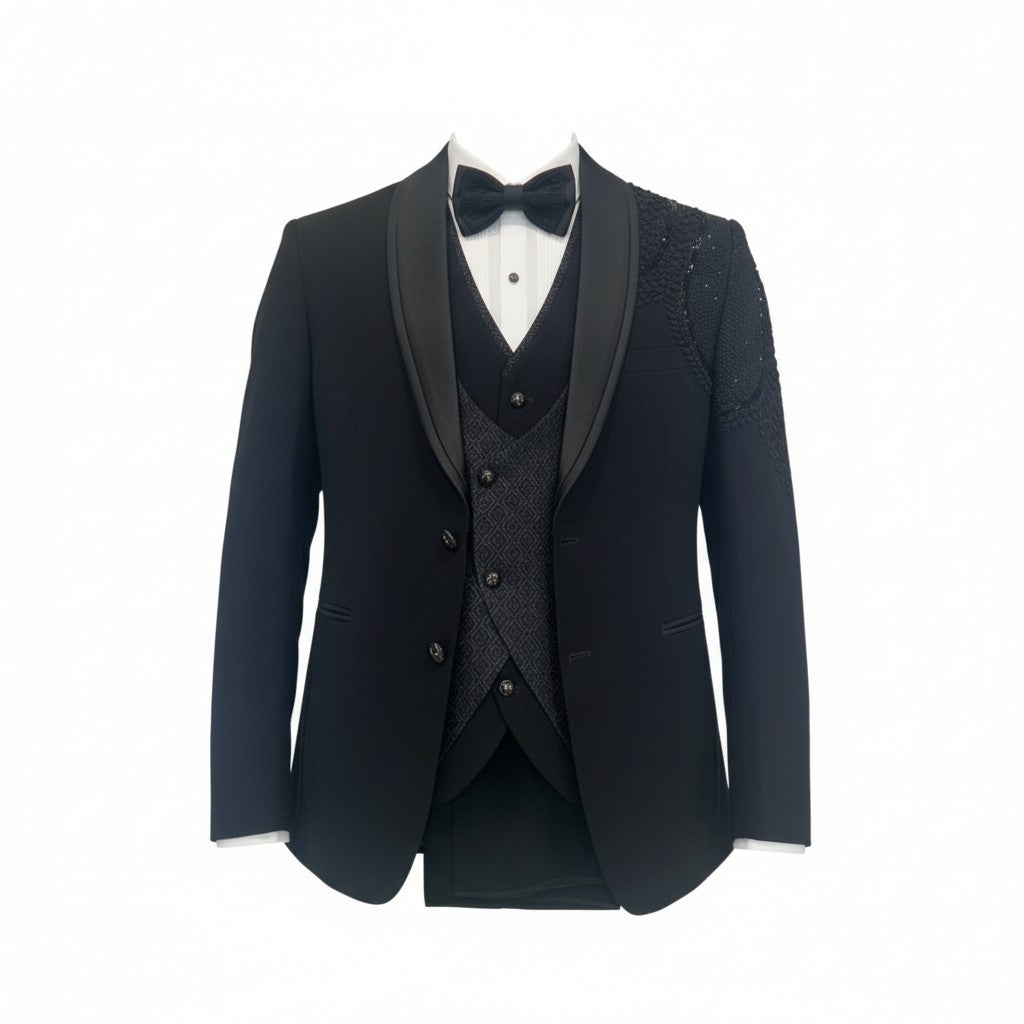 Men’s Black Embroidered Shoulder Tuxedo – Luxury 3-Piece Designer Suit