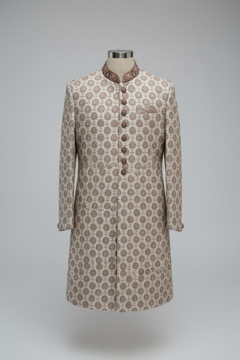 Ivory and Maroon Brocade Sherwani for Men – Royal Wedding Ensemble