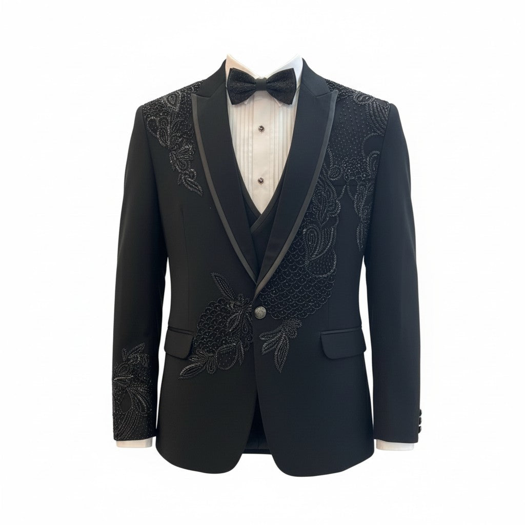 Black Luxury Tonal Floral Embroidered 5-Piece Tuxedo Set