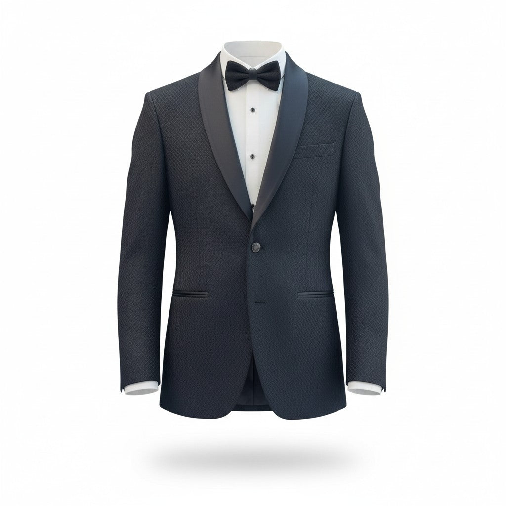 Men’s Navy Textured Tuxedo – Satin Shawl Lapel Modern Fit