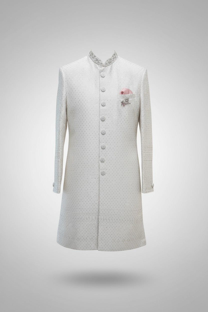White Textured Sherwani for Men – Modern Handcrafted Wedding Ensemble