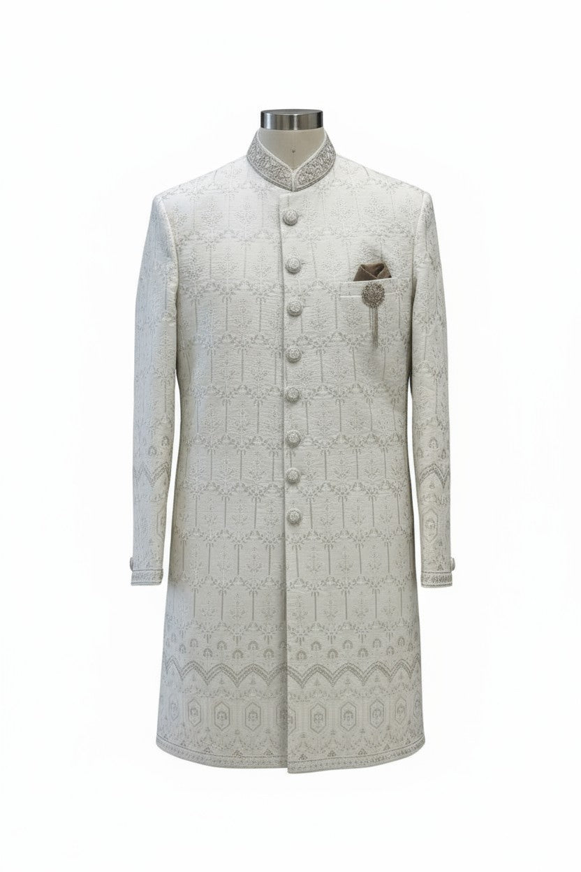 Ivory Jacquard Sherwani for Men – Elegant Handcrafted Wedding Ensemble