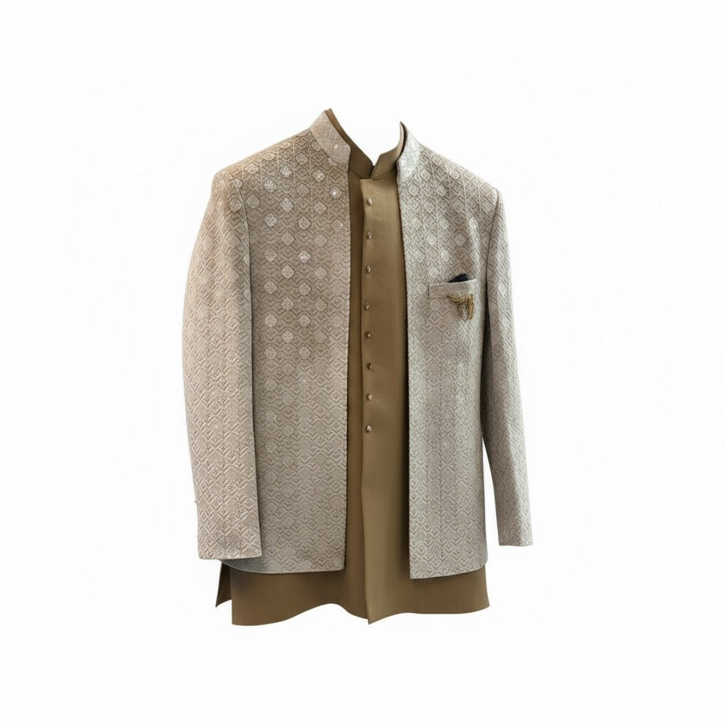 Beige Textured Indo-Western Jacket Set for Men