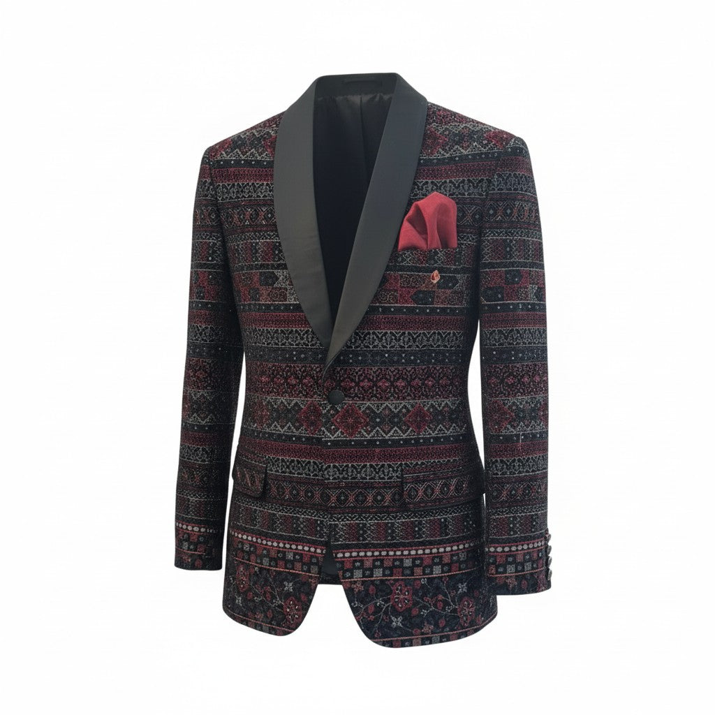 Burgundy & Black Luxury Jacquard Tuxedo Set