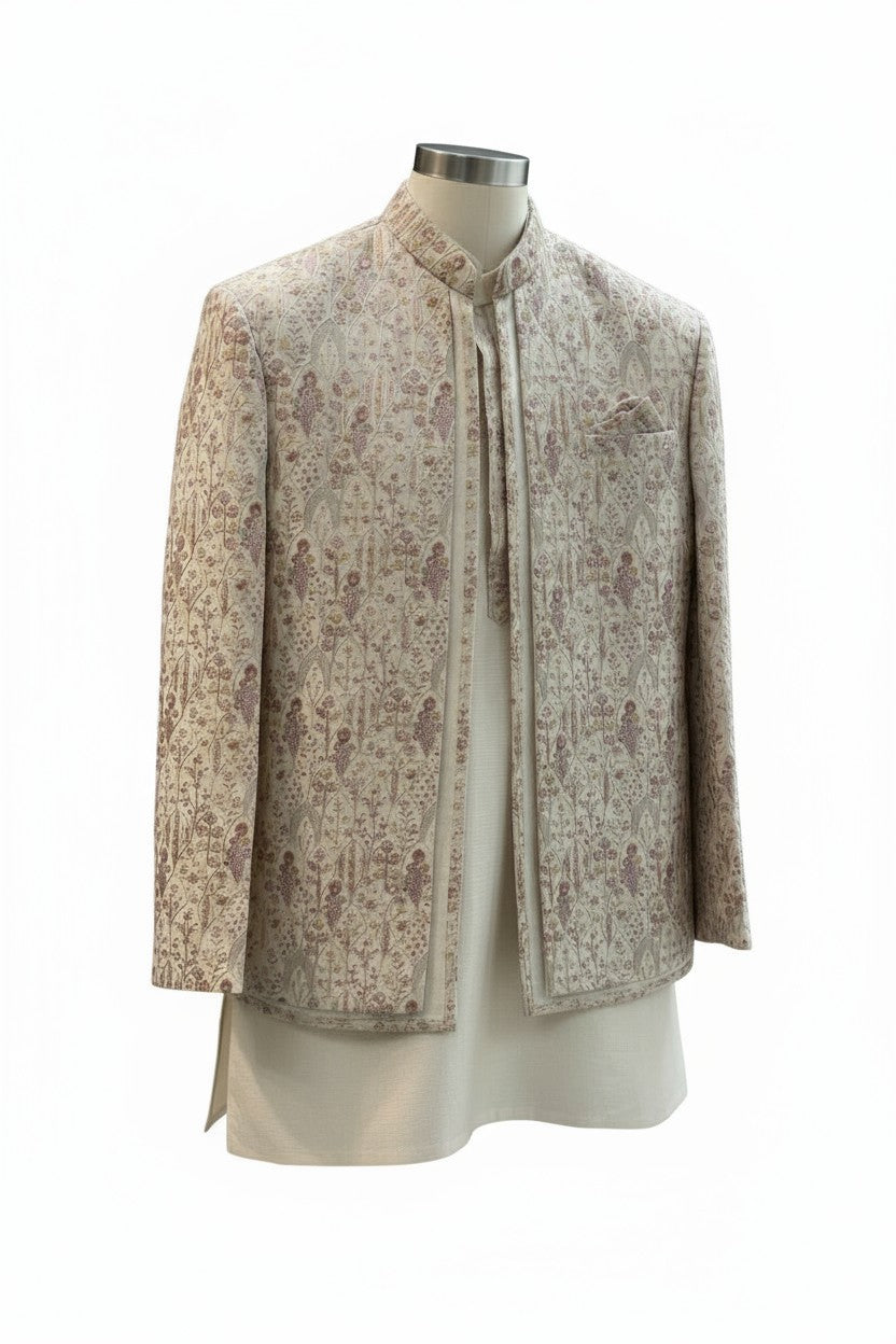 Ivory Floral Embroidered Indo-Western Jacket Set for Men