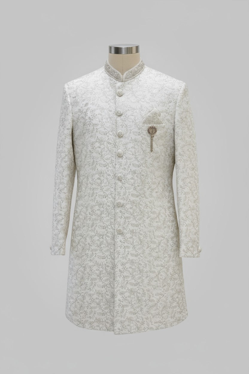 White Floral Embroidered Sherwani for Men – Elegant Handcrafted Attire
