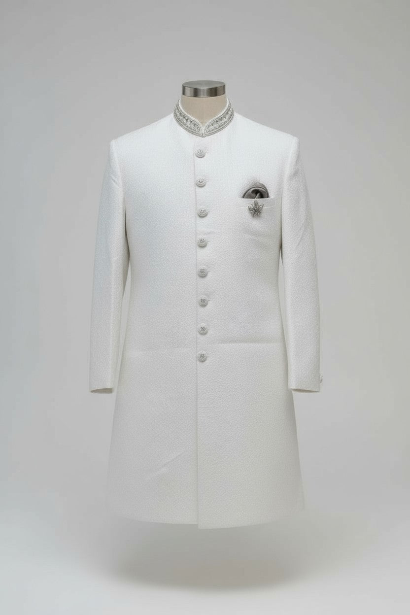 White Textured Sherwani for Men – Elegant Indo-Western Wedding Attire