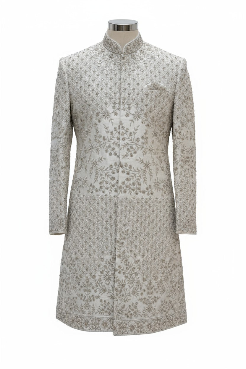 Ivory Floral Embroidered Sherwani for Men – Royal Handcrafted Wedding Wear