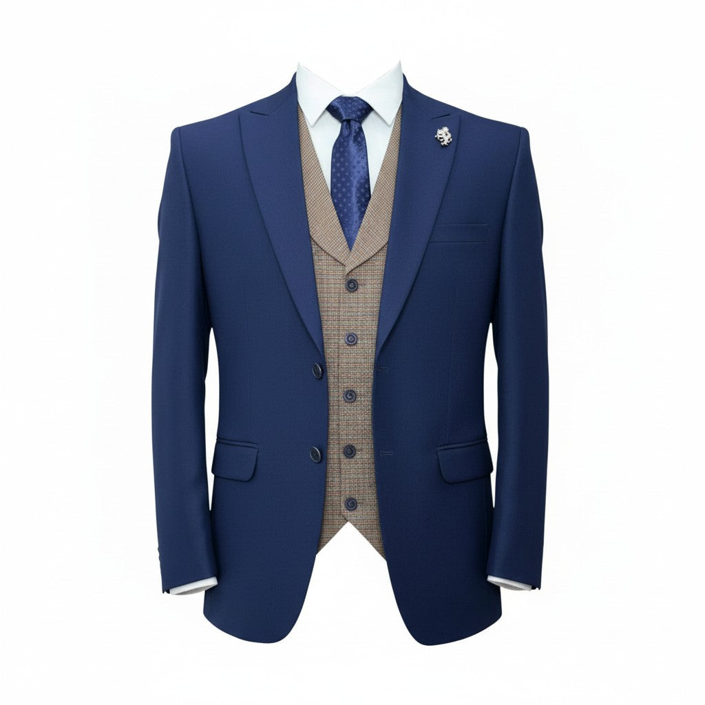 Men’s Royal Blue 3-Piece Suit with Beige Waistcoat – Modern Formal Wear