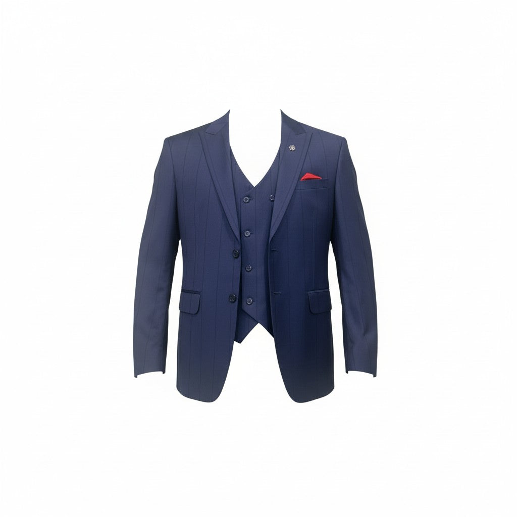 Men’s Royal Blue Stripe 3-Piece Suit – Tailored Fit with Matching Vest