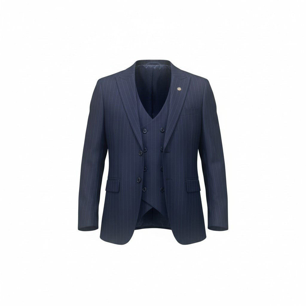Men’s Navy Pinstripe 3-Piece Suit – Tailored Fit with Double-Breasted Vest