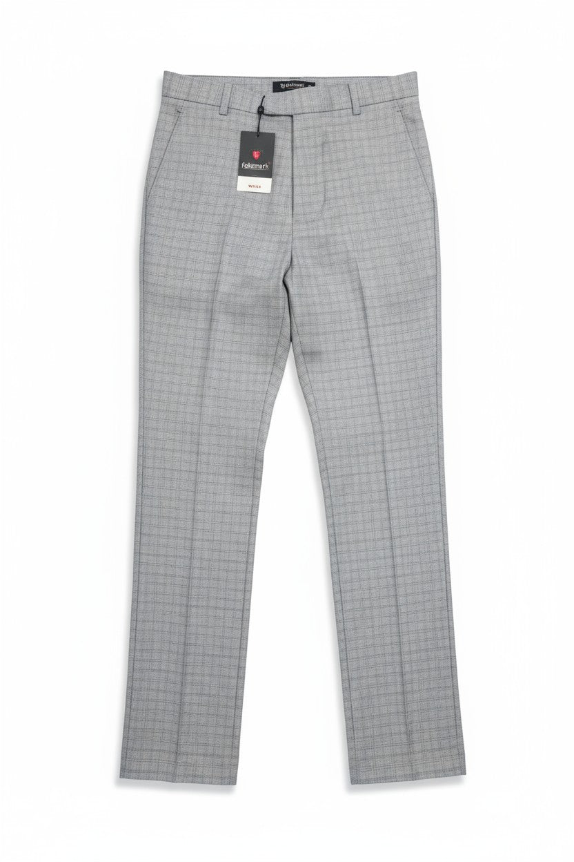 Men’s Grey Checkered Dress Pants – Slim-Fit Formal Trousers