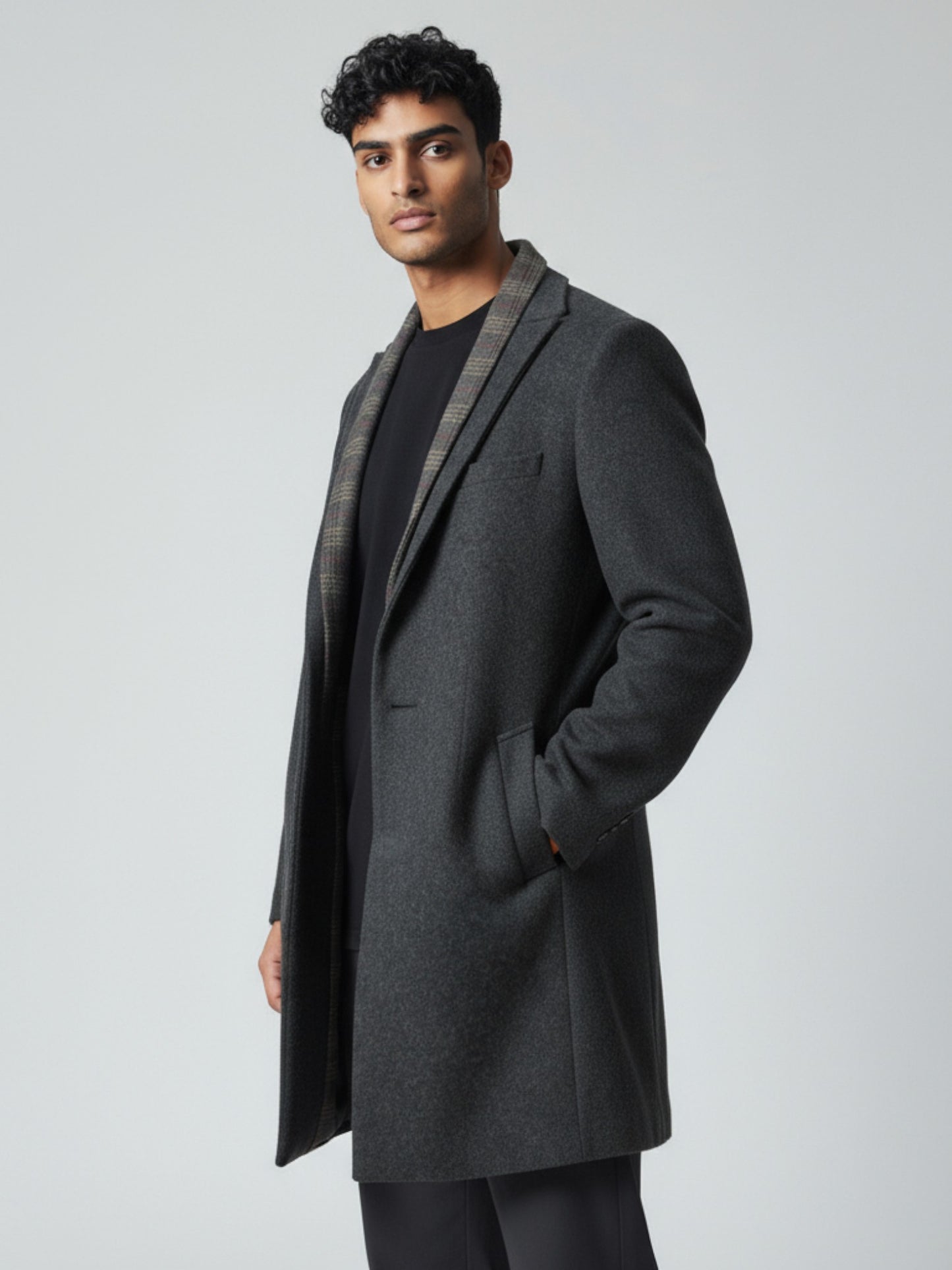 Men’s Dark Grey Wool Overcoat with Plaid Inner Lapel – Tailored Modern Winter Coat