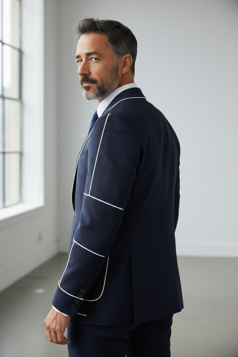 Men’s Navy Contrast Piping Suit – Modern Designer Formal Wear