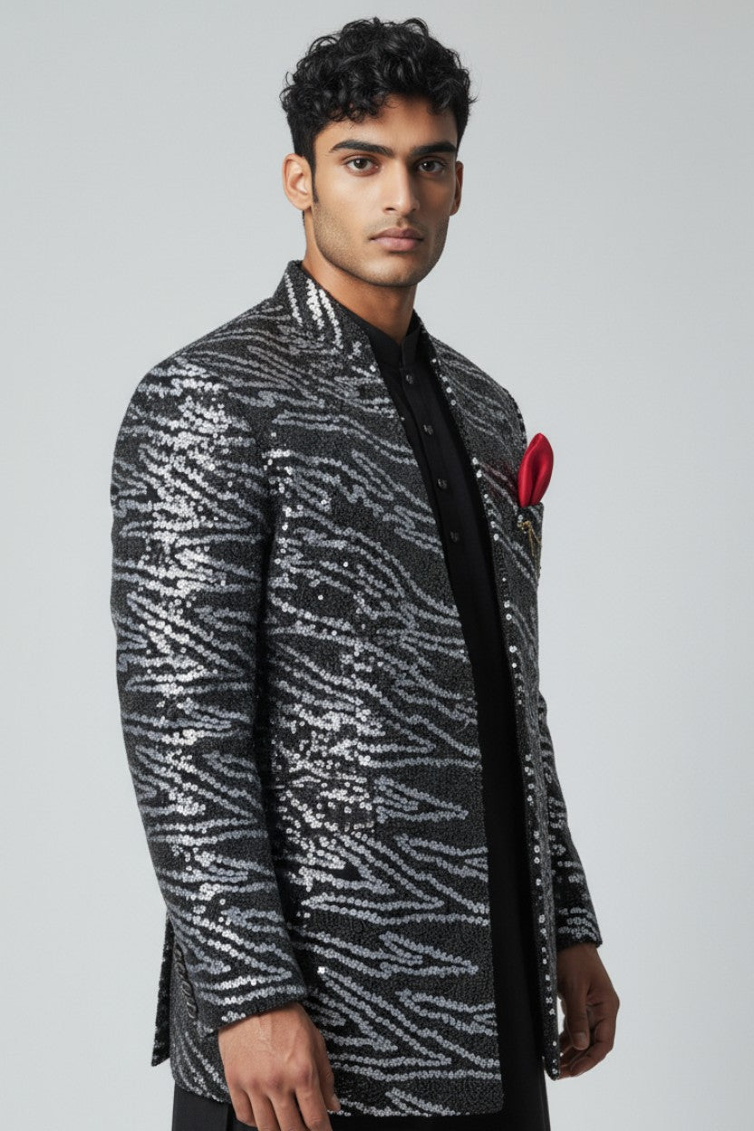 Black Sequin Pattern Indo-Western Jacket Set for Men