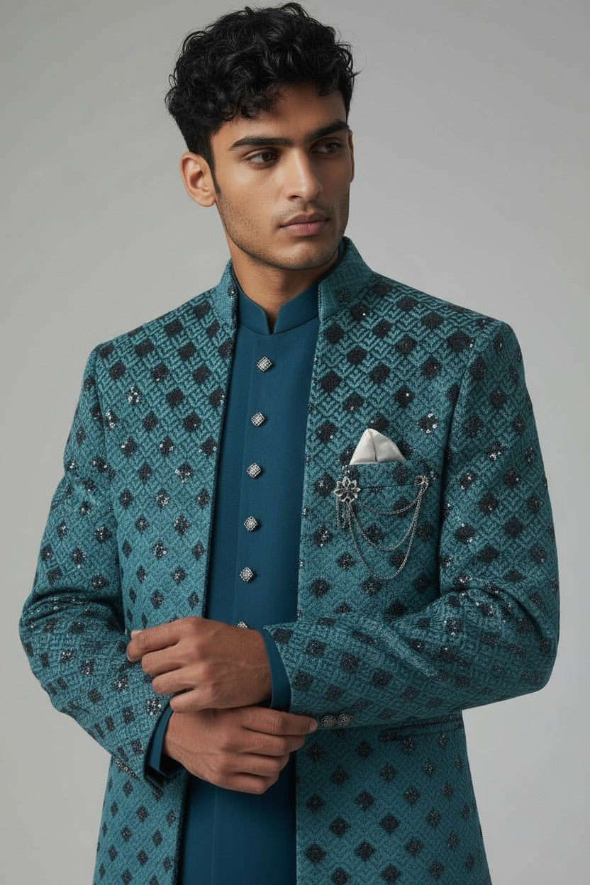 Teal Diamond Embroidered Indo-Western Jacket Set for Men