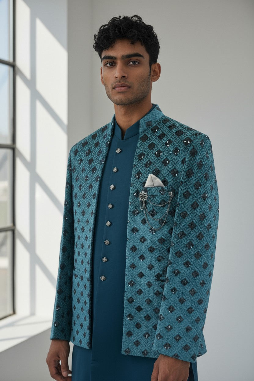 Teal Diamond Embroidered Indo-Western Jacket Set for Men
