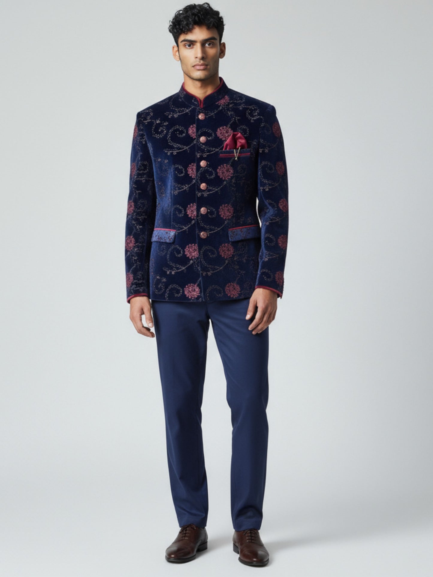 Men’s Navy Blue Jacquard Jodhpuri Suit – Maroon Motif Detailing with Gold Buttons