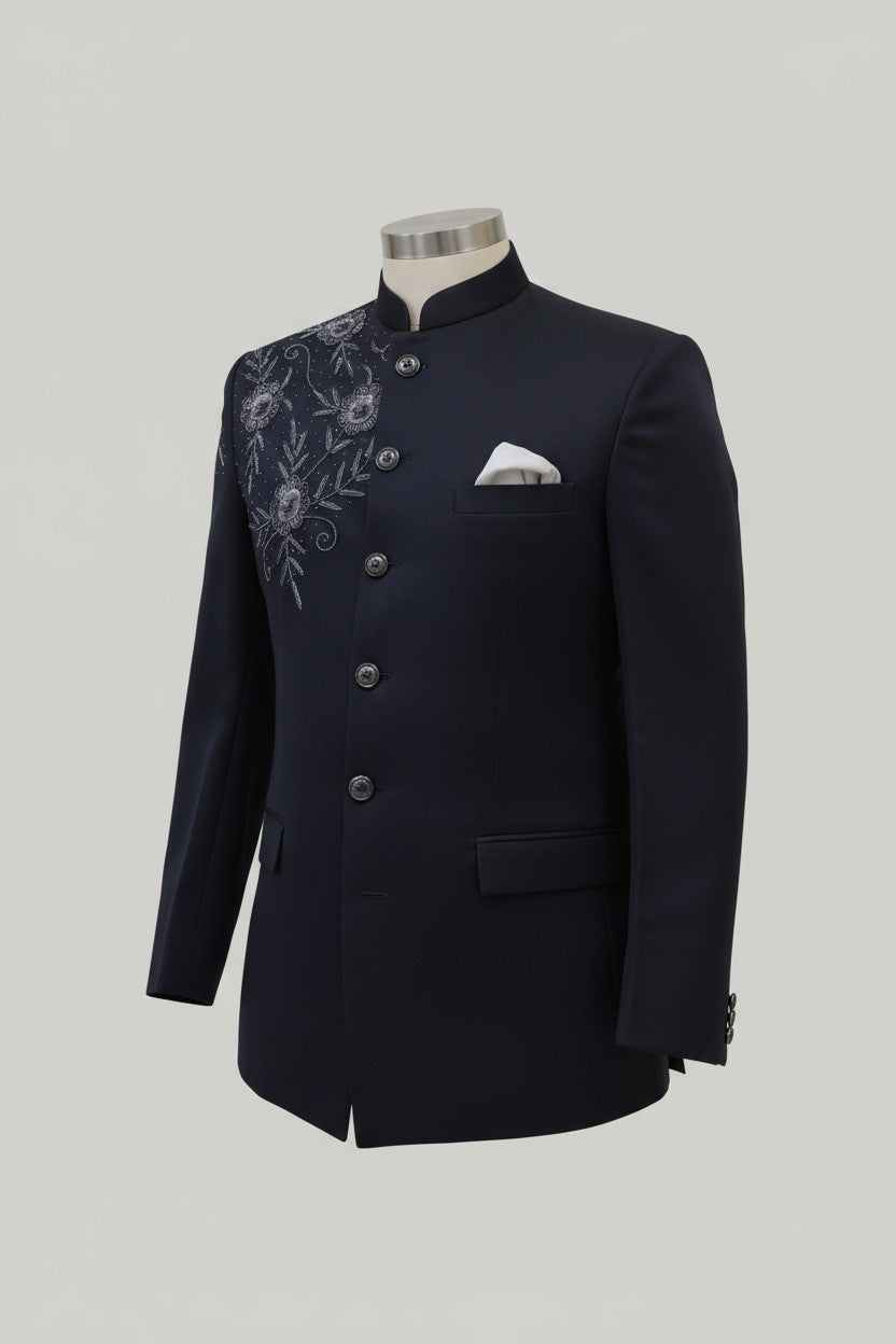Navy Blue Embroidered Jodhpuri Suit – Classic Royal Design