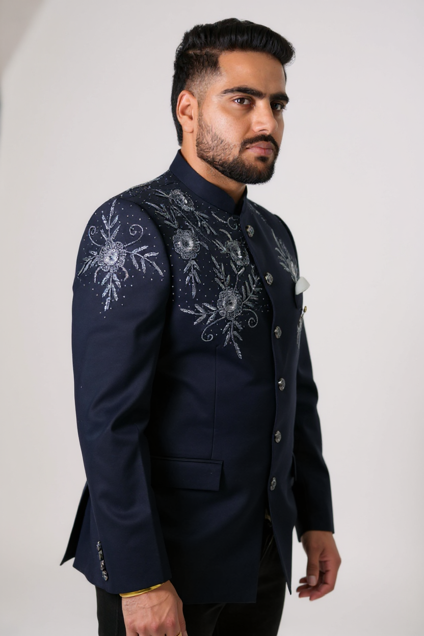 Navy Blue Embroidered Jodhpuri Suit – Classic Royal Design