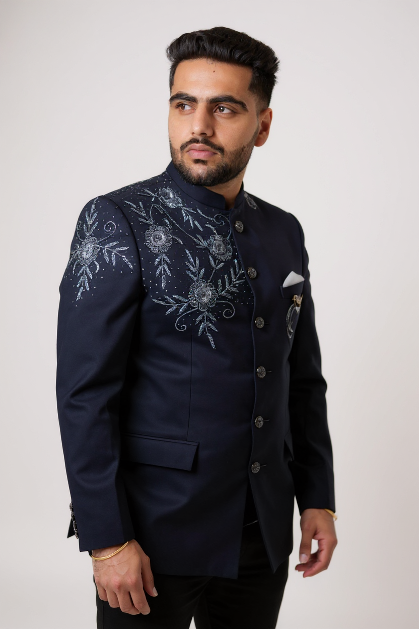 Navy Blue Embroidered Jodhpuri Suit – Classic Royal Design