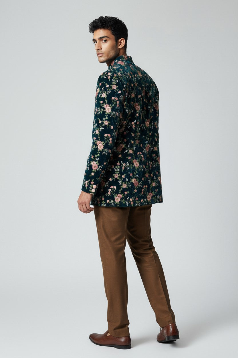 Green Floral Velvet Jodhpuri Suit – Elegant Wedding Wear