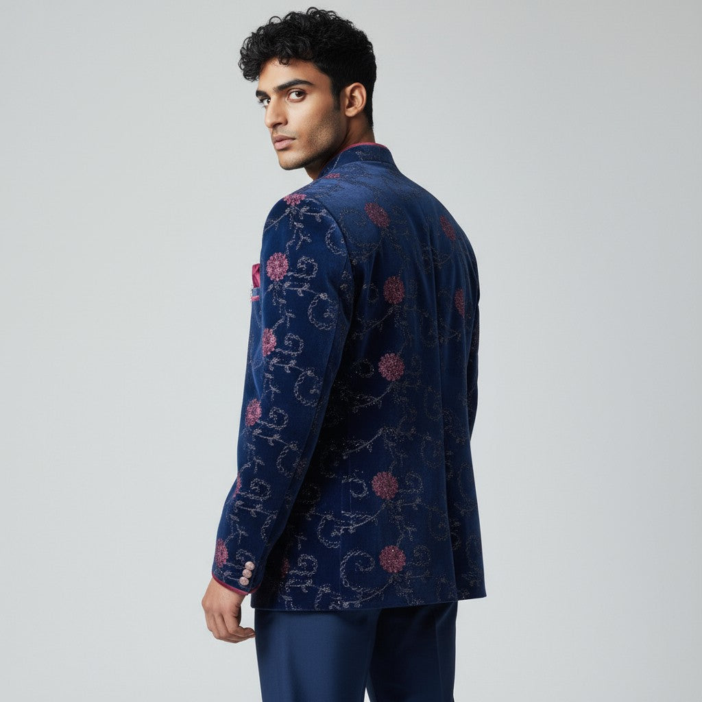 Men’s Navy Blue Jacquard Jodhpuri Suit – Maroon Motif Detailing with Gold Buttons