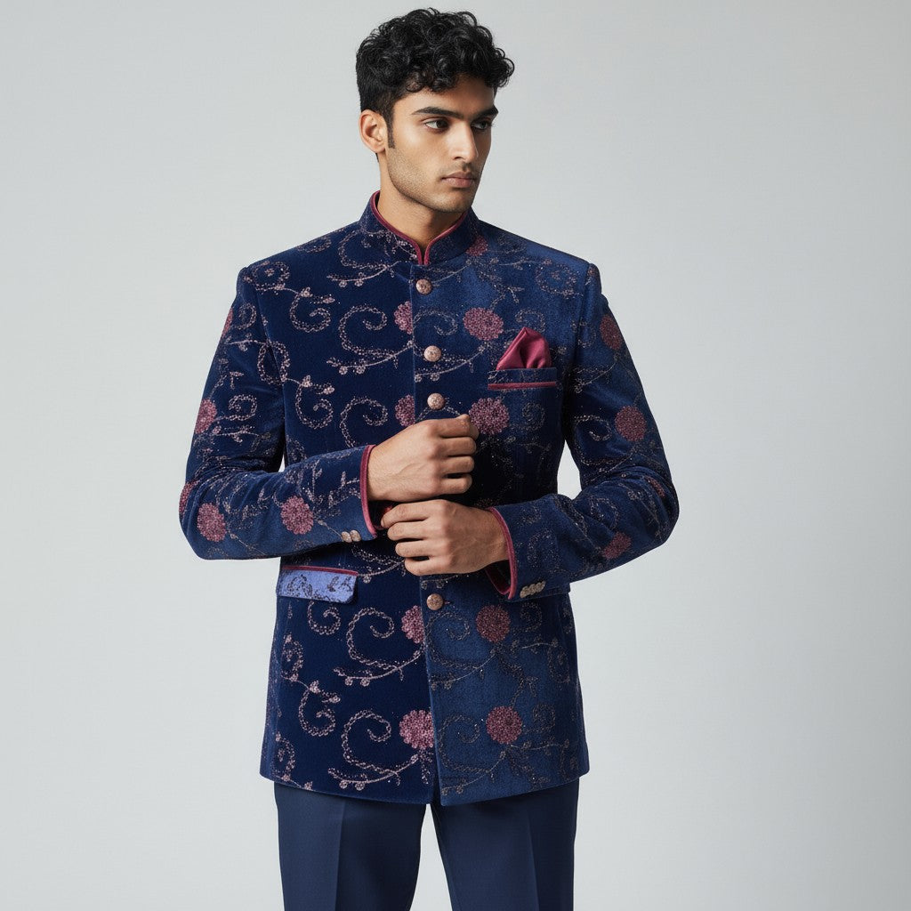 Men’s Navy Blue Jacquard Jodhpuri Suit – Maroon Motif Detailing with Gold Buttons